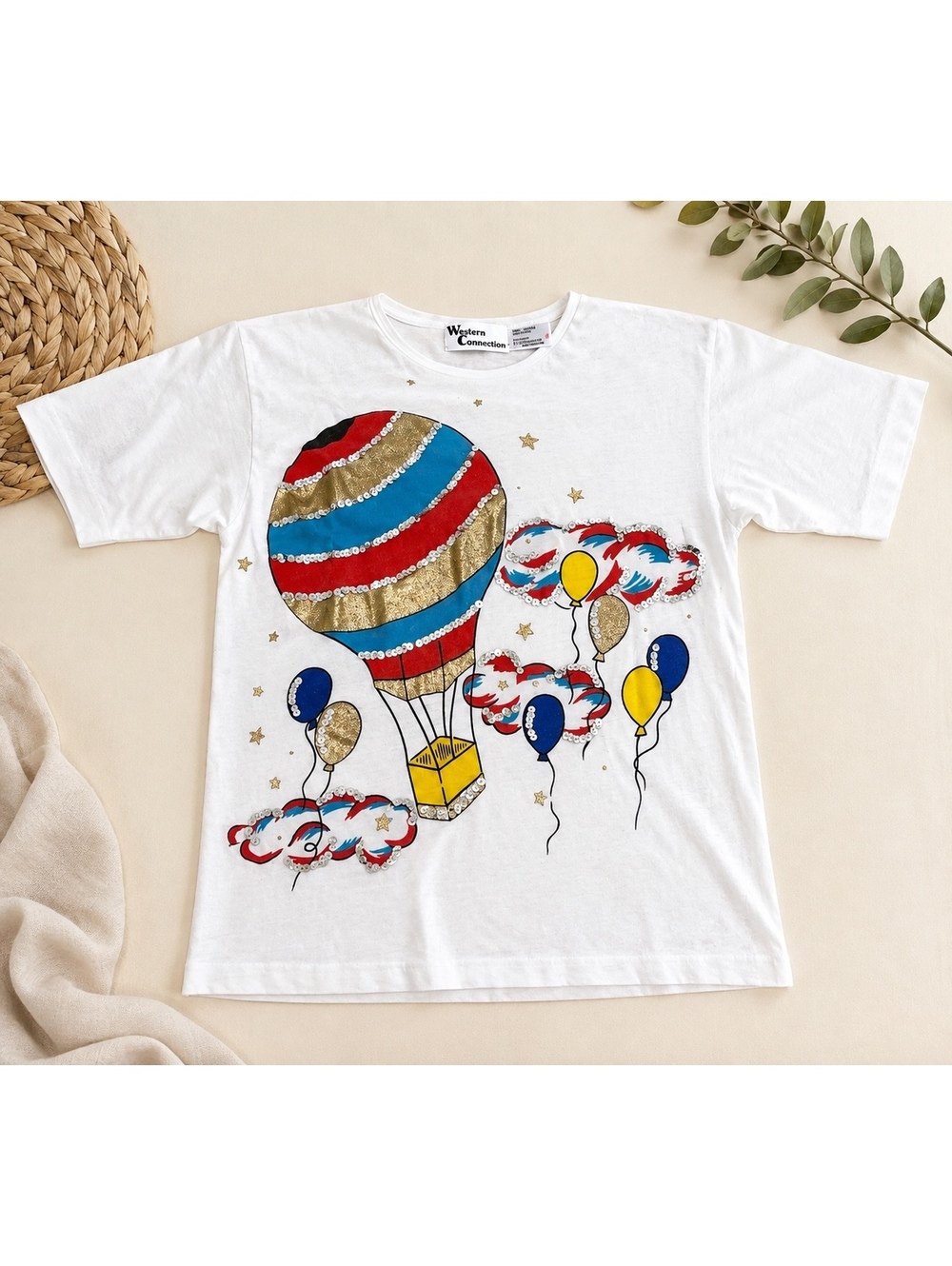 Vintage 80s 90s Western Connection Hot Air Balloon Sequin Graphic T-Shirt S
